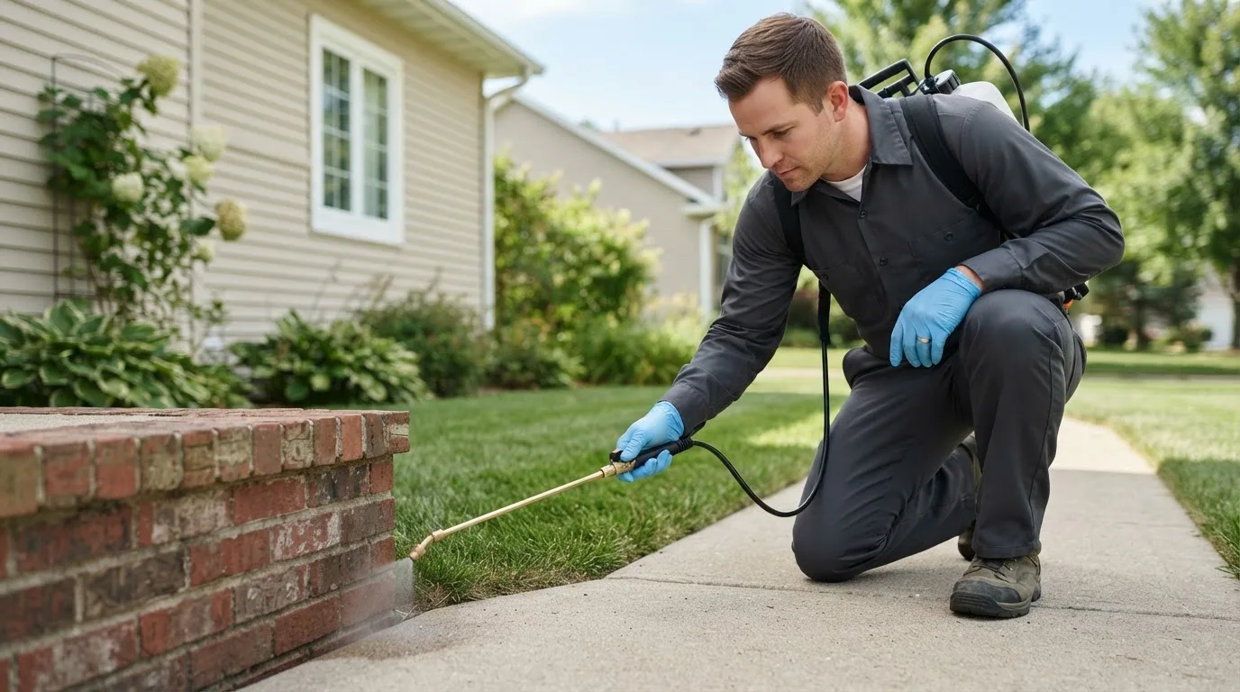 Pest control technician treating a home near Hinton, OK