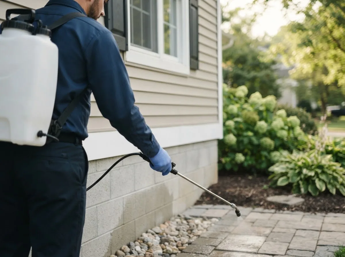 Pest control technician inspecting a home in Hinton, OK